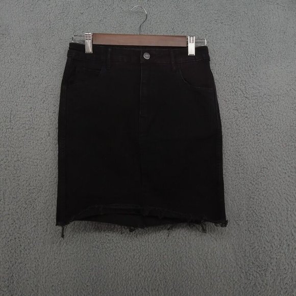 H&M &Denim Skirt Womens 4 Black Pencil Skirt Distressed Ripped Frayed Hem Jeans - Picture 1 of 8